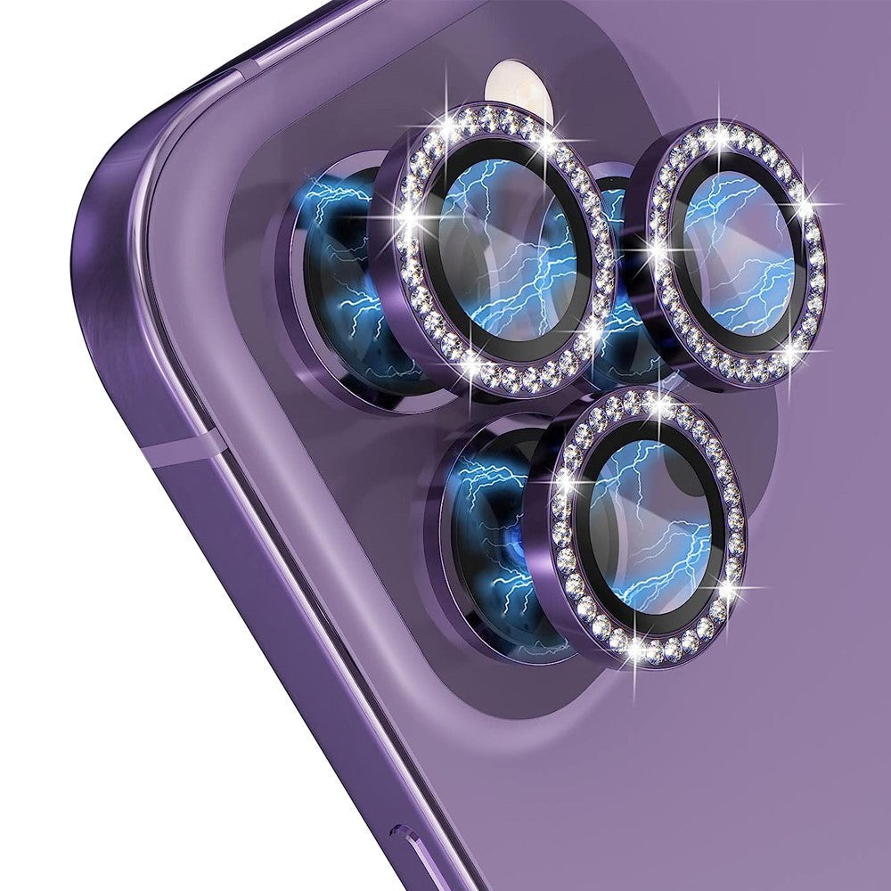 iPhone 14 Pro / 14 Pro Max Kamera Glasbeskyttelse m. Rhinsten - Lilla