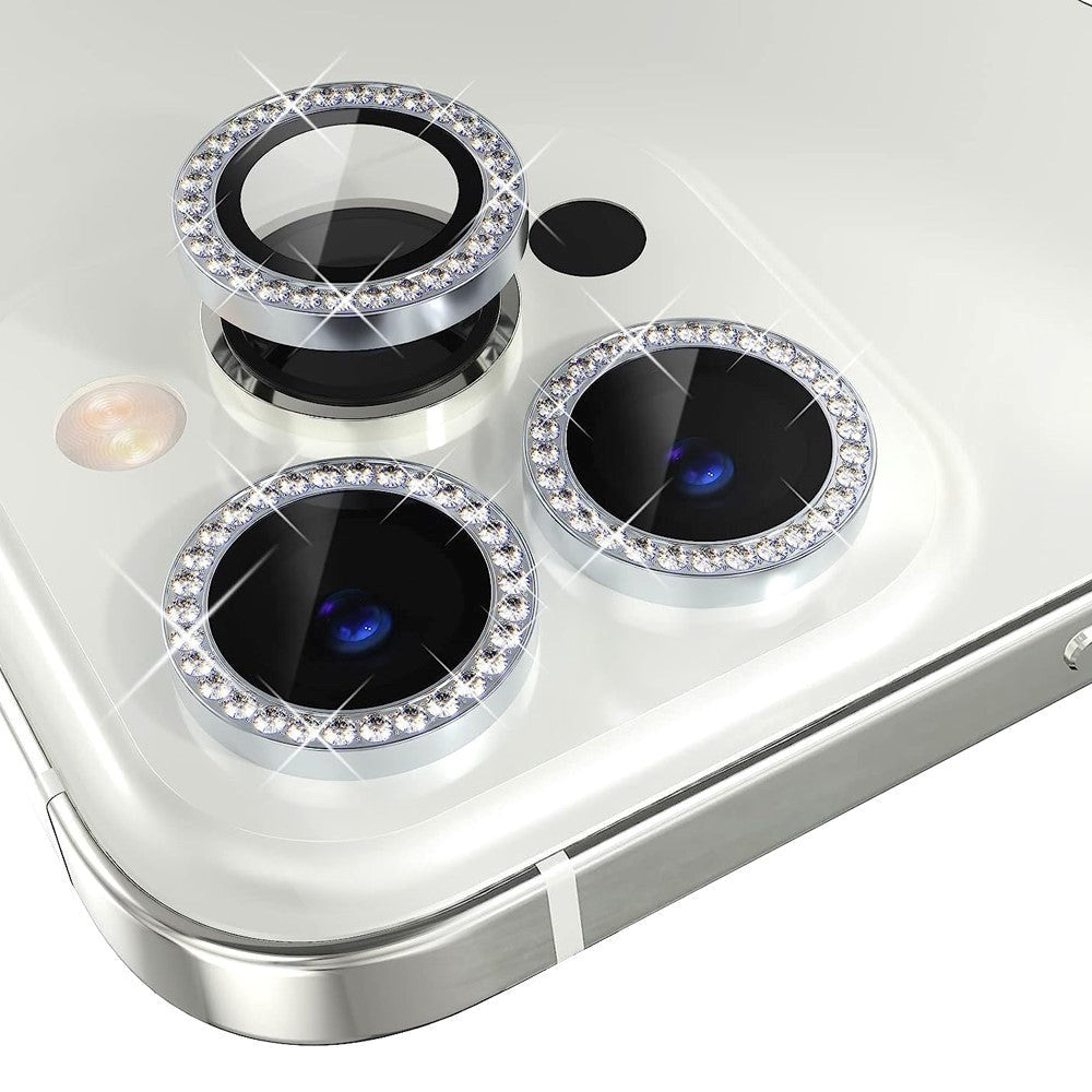 iPhone 14 Pro / 14 Pro Max Kamera Glasbeskyttelse m. Rhinsten - Sølv