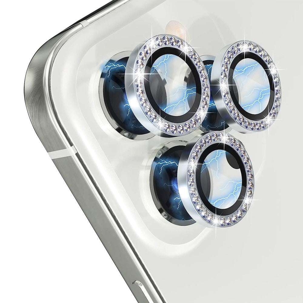 iPhone 14 Pro / 14 Pro Max Kamera Glasbeskyttelse m. Rhinsten - Sølv
