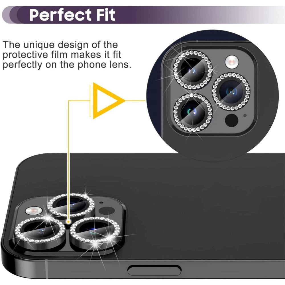 iPhone 15 Pro / 15 Pro Max Kameralinse Beskyttelse m. Rhinsten - Sort