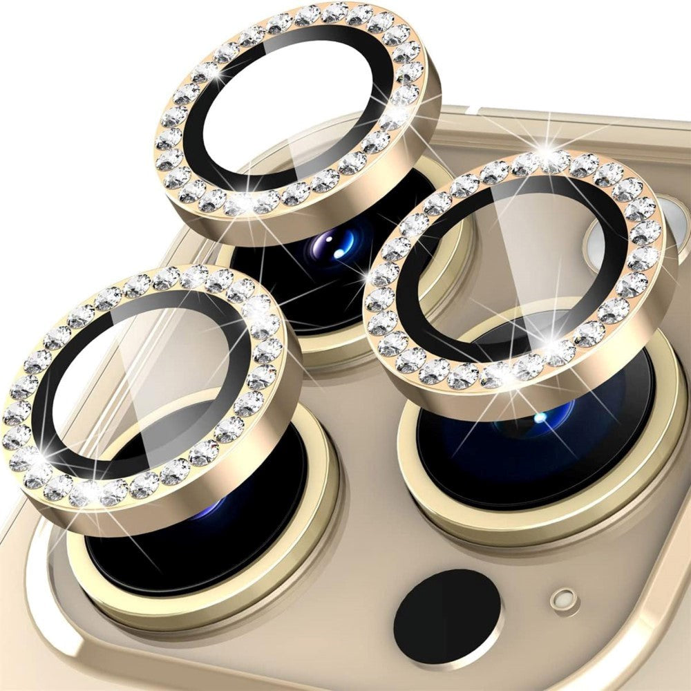 iPhone 15 Pro / 15 Pro Max Kameralinse Beskyttelse m. Rhinsten - Guld