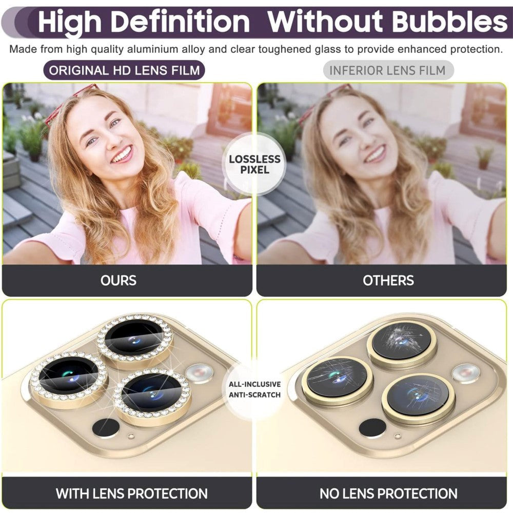 iPhone 15 Pro / 15 Pro Max Kameralinse Beskyttelse m. Rhinsten - Guld