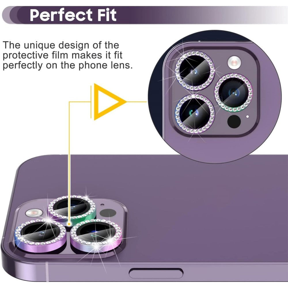 iPhone 15 Pro / 15 Pro Max Kameralinse Beskyttelse m. Rhinsten - Regnbue