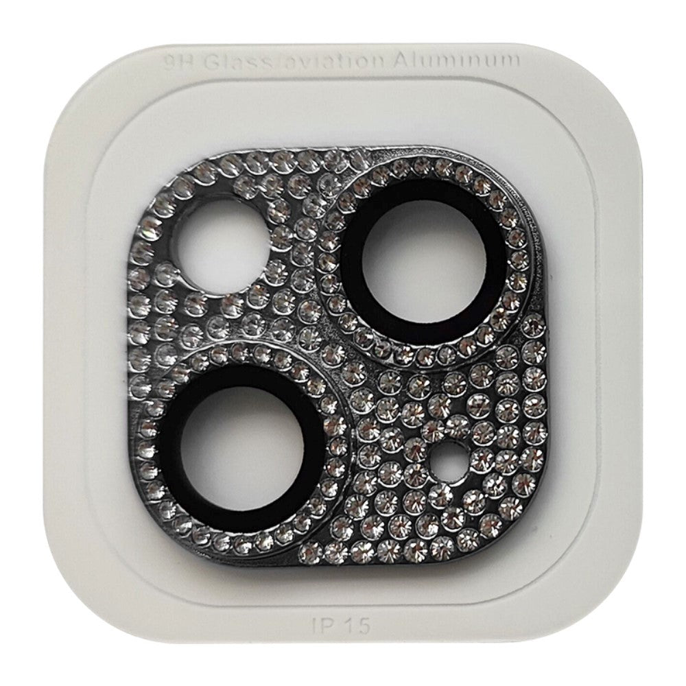 iPhone 15 / 15 Plus Beskyttelsesglas til Kameralinse m. Rhinsten - Sort