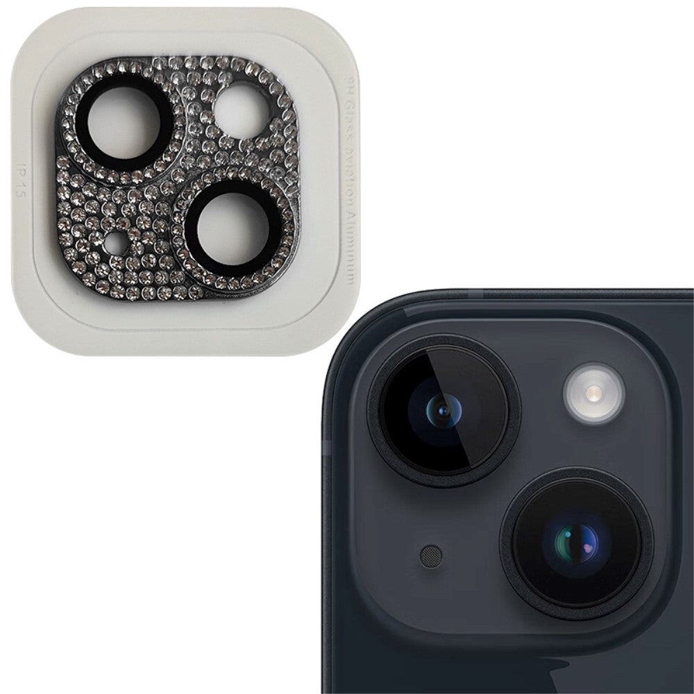 iPhone 15 / 15 Plus Beskyttelsesglas til Kameralinse m. Rhinsten - Sort