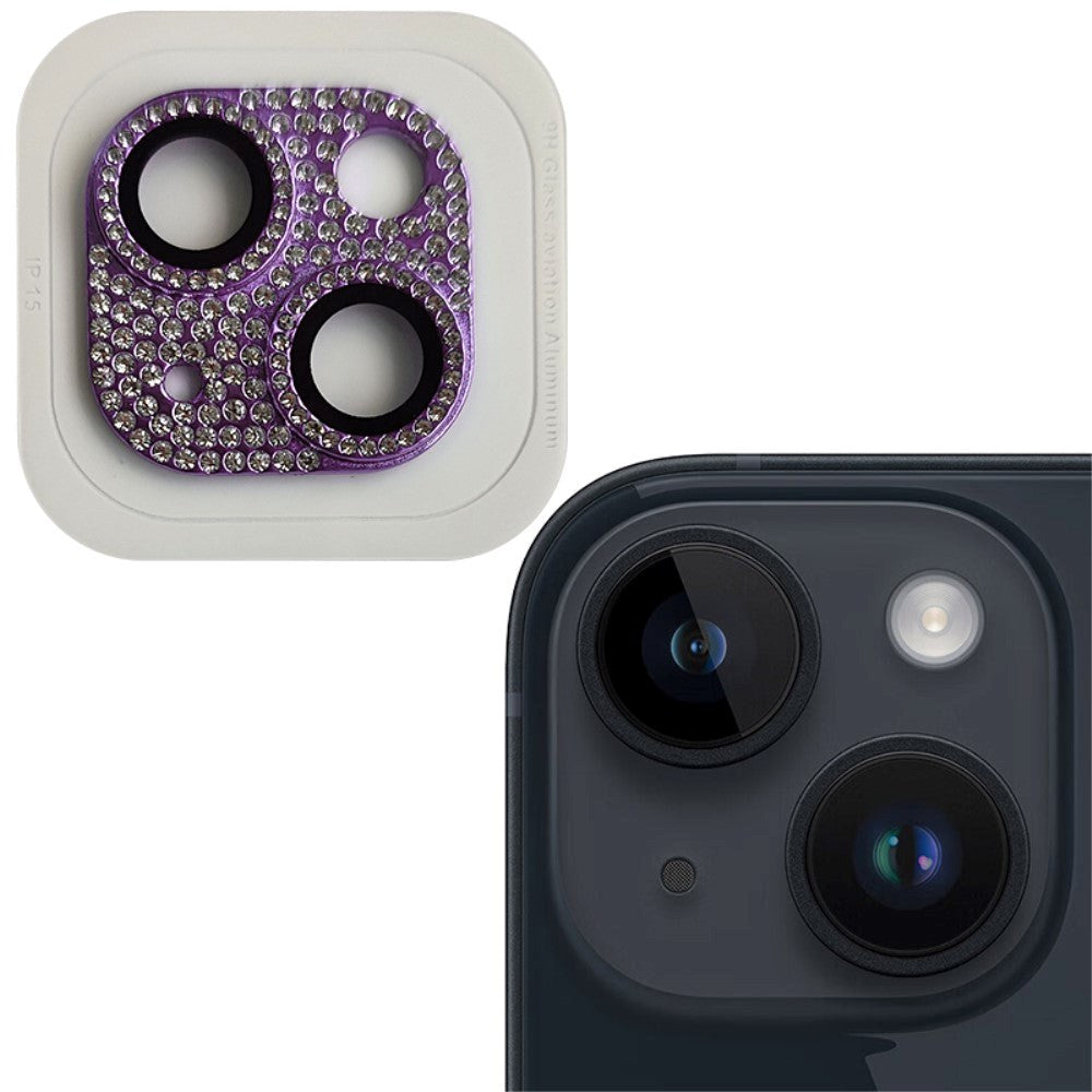 iPhone 15 / 15 Plus Beskyttelsesglas til Kameralinse m. Rhinsten - Lilla
