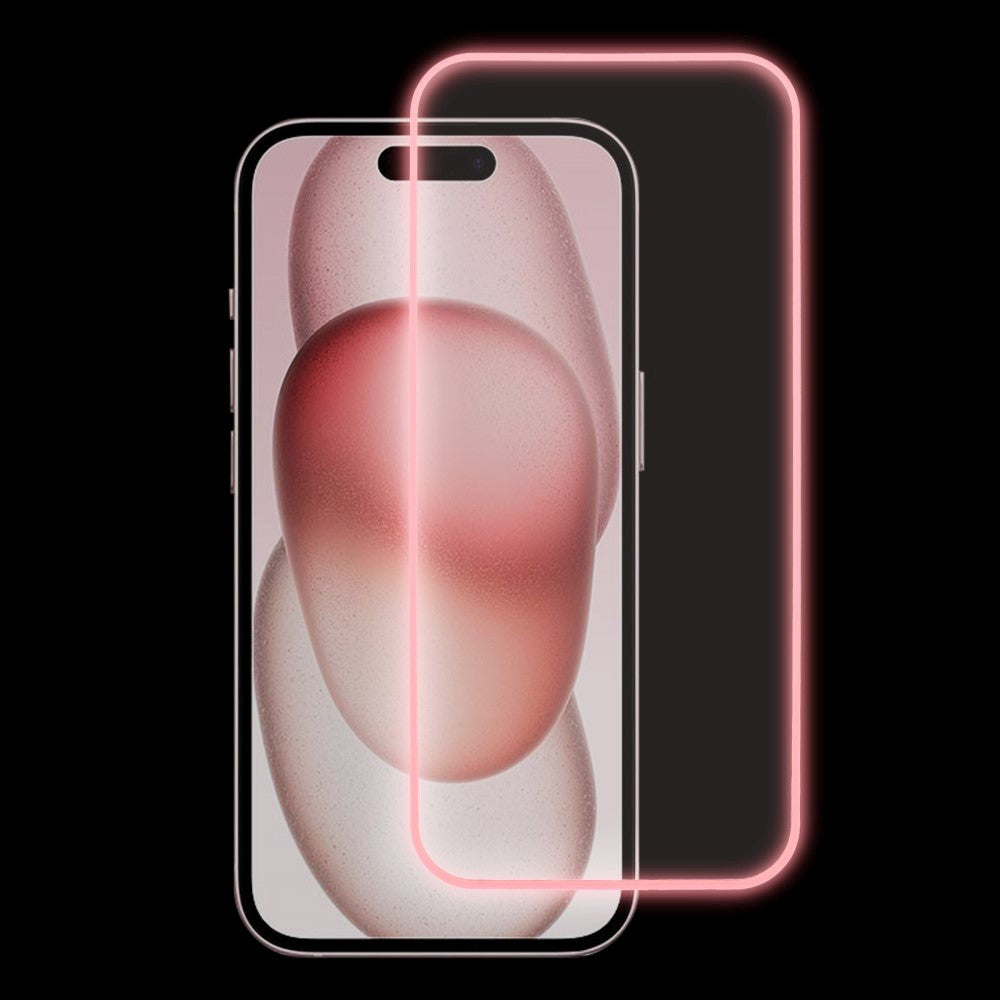 iPhone 15 Plus Hærdet Glas Skærmbeskyttelse - Selvlysende Pink Kant