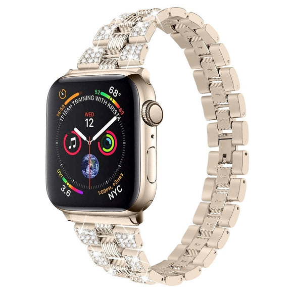 Apple Watch (42/44/SE/45/46/49mm) Metal Rem m. Rhinsten - Guld