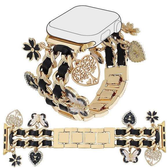 EIDERWOOD Apple Watch (38 / 40 / SE / 41 / 42mm) Metal Rem m. Vegansk Læder & Vedhæng - Guld / Sort