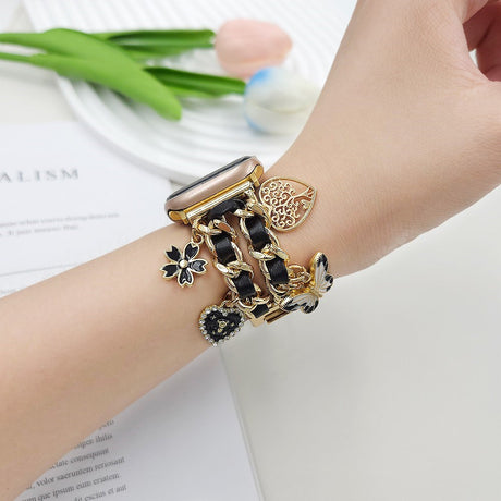 EIDERWOOD Apple Watch (38 / 40 / SE / 41 / 42mm) Metal Rem m. Vegansk Læder & Vedhæng - Guld / Sort