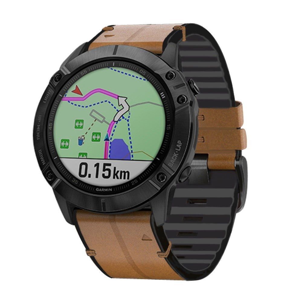 Universel Garmin Rem (26mm QuickFit) Læder & Silikone Rem - Lysebrun / sort