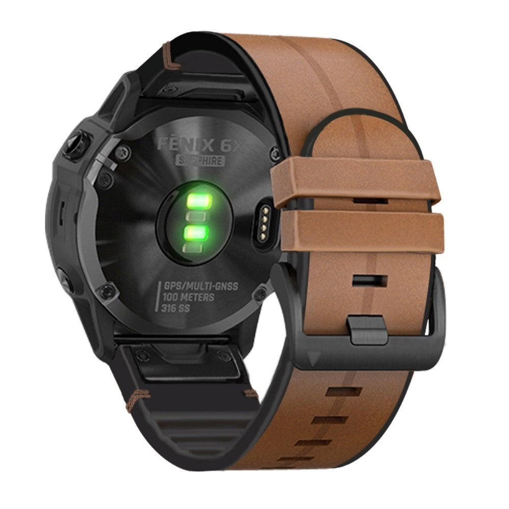 Universel Garmin Rem (26mm QuickFit) Læder & Silikone Rem - Lysebrun / sort