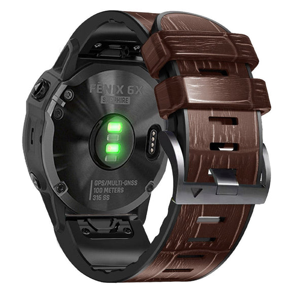 Universal Garmin 22mm QuickFit Læderbetrukket Silikone Rem m. Krokodille Tekstur - Brun / Sort