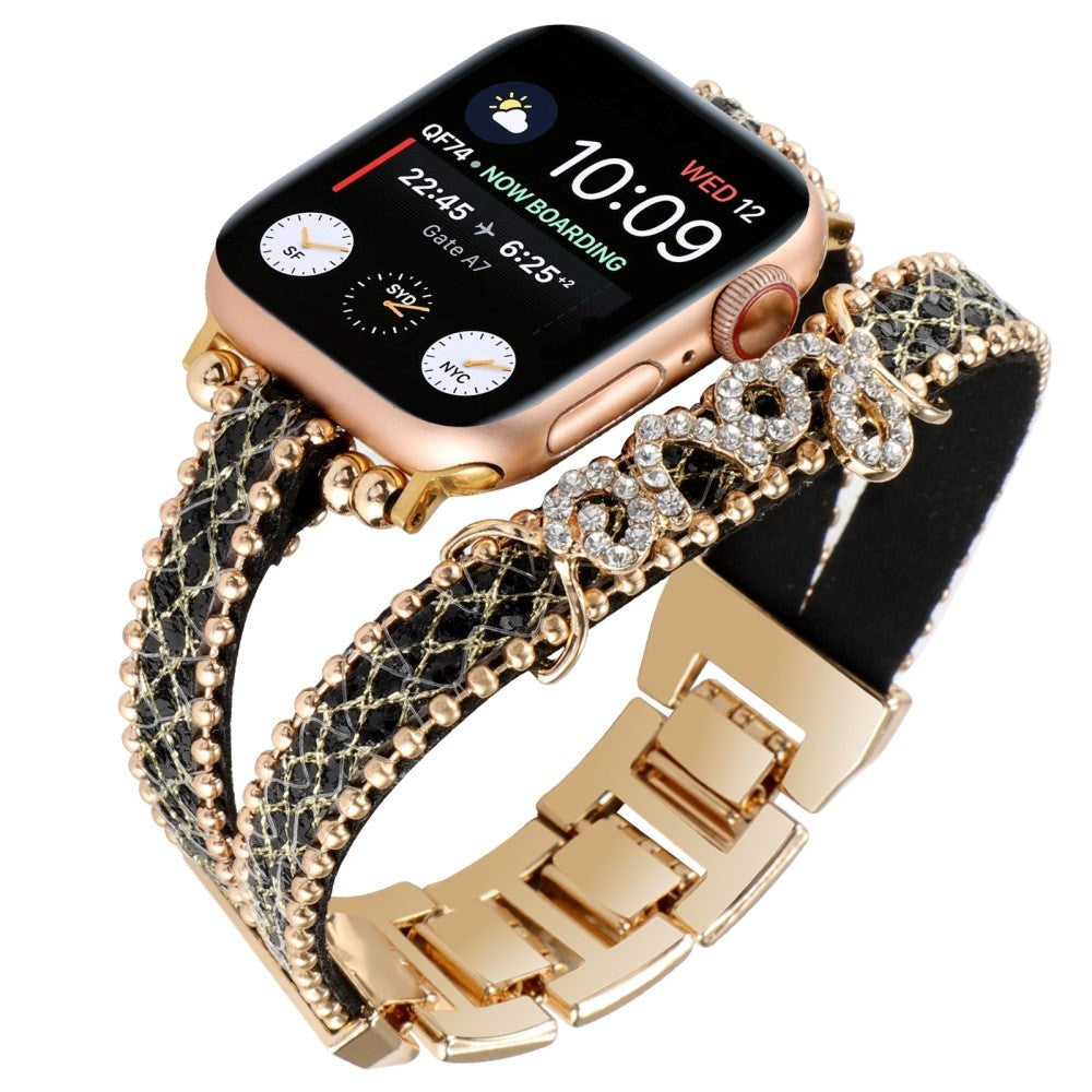 Apple Watch (38/40/SE/41/42mm) Metal og Læder Rem m. Rhinsten - Guld / Sort