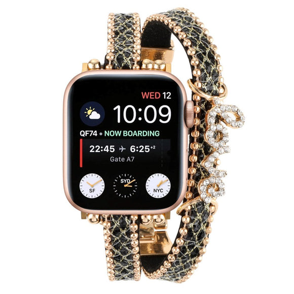 Apple Watch (38/40/SE/41/42mm) Metal og Læder Rem m. Rhinsten - Guld / Sort