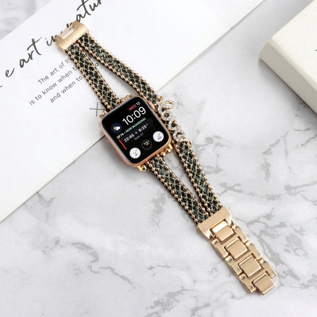 Apple Watch (38/40/SE/41/42mm) Metal og Læder Rem m. Rhinsten - Guld / Sort
