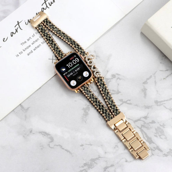 Apple Watch (38/40/SE/41/42mm) Metal og Læder Rem m. Rhinsten - Guld / Sort