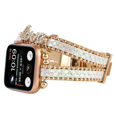 Apple Watch (38/40/SE/41/42mm) Metal og Læder Rem m. Rhinsten - Guld / Hvid