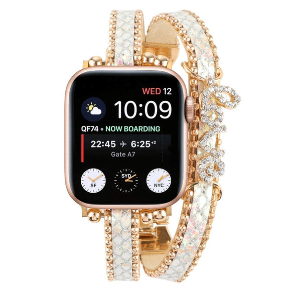 Apple Watch (38/40/SE/41/42mm) Metal og Læder Rem m. Rhinsten - Guld / Hvid