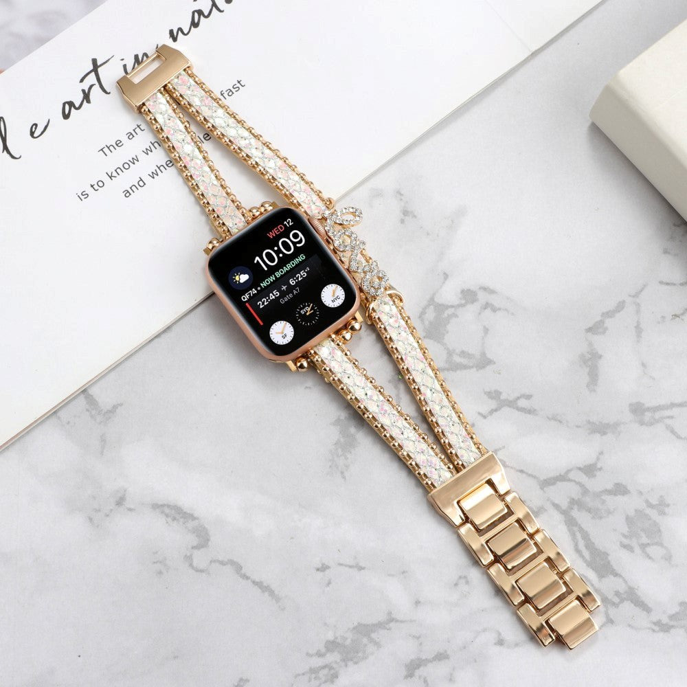 Apple Watch (38/40/SE/41/42mm) Metal og Læder Rem m. Rhinsten - Guld / Hvid