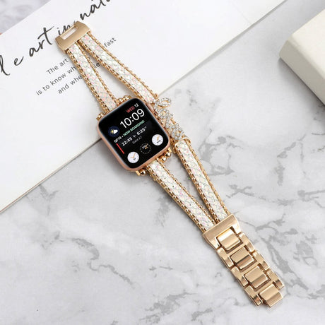 Apple Watch (38/40/SE/41/42mm) Metal og Læder Rem m. Rhinsten - Guld / Hvid