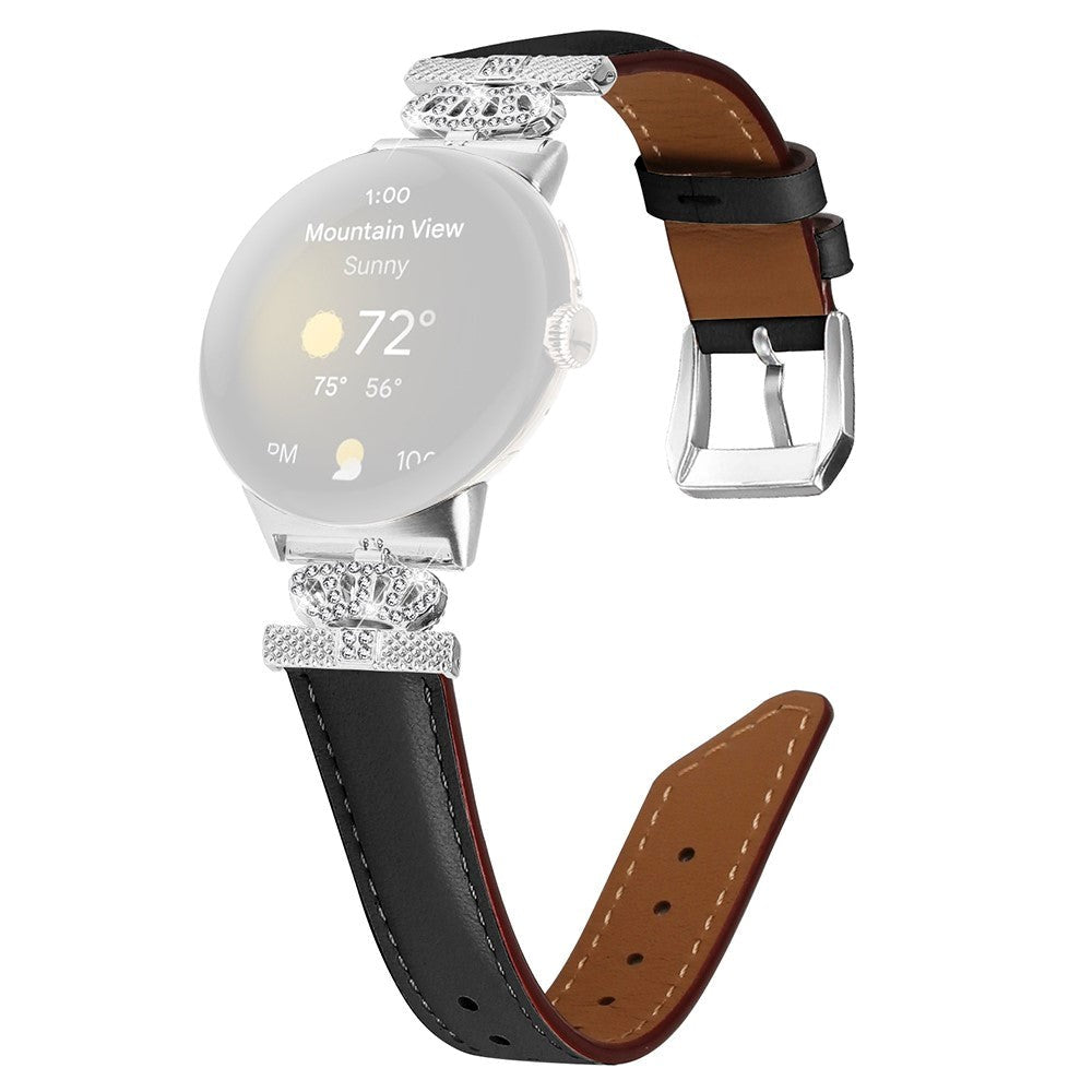 Google Pixel Watch 1 / 2 / 3 (41mm) Læder Rem m. Sølv Rhinsten Spænde - Sort