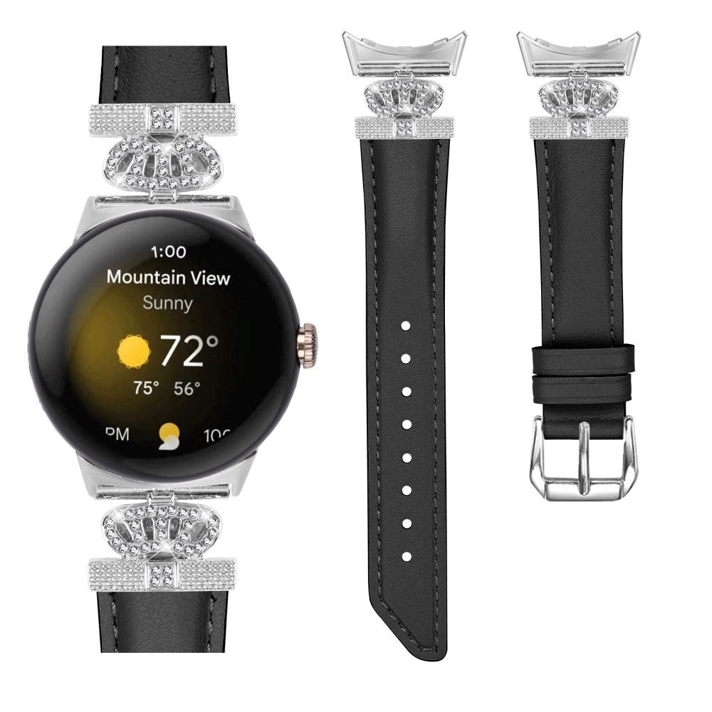 Google Pixel Watch 1 / 2 / 3 (41mm) Læder Rem m. Sølv Rhinsten Spænde - Sort