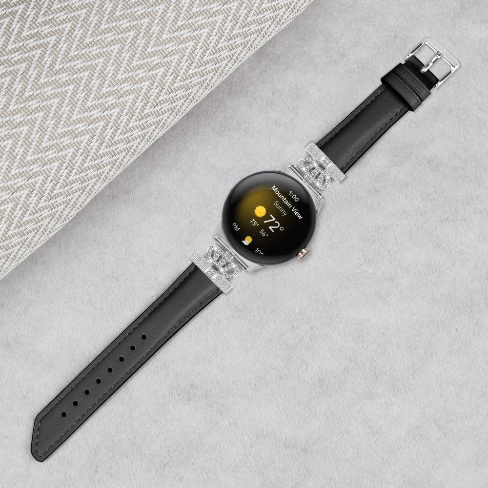 Google Pixel Watch 1 / 2 / 3 (41mm) Læder Rem m. Sølv Rhinsten Spænde - Sort