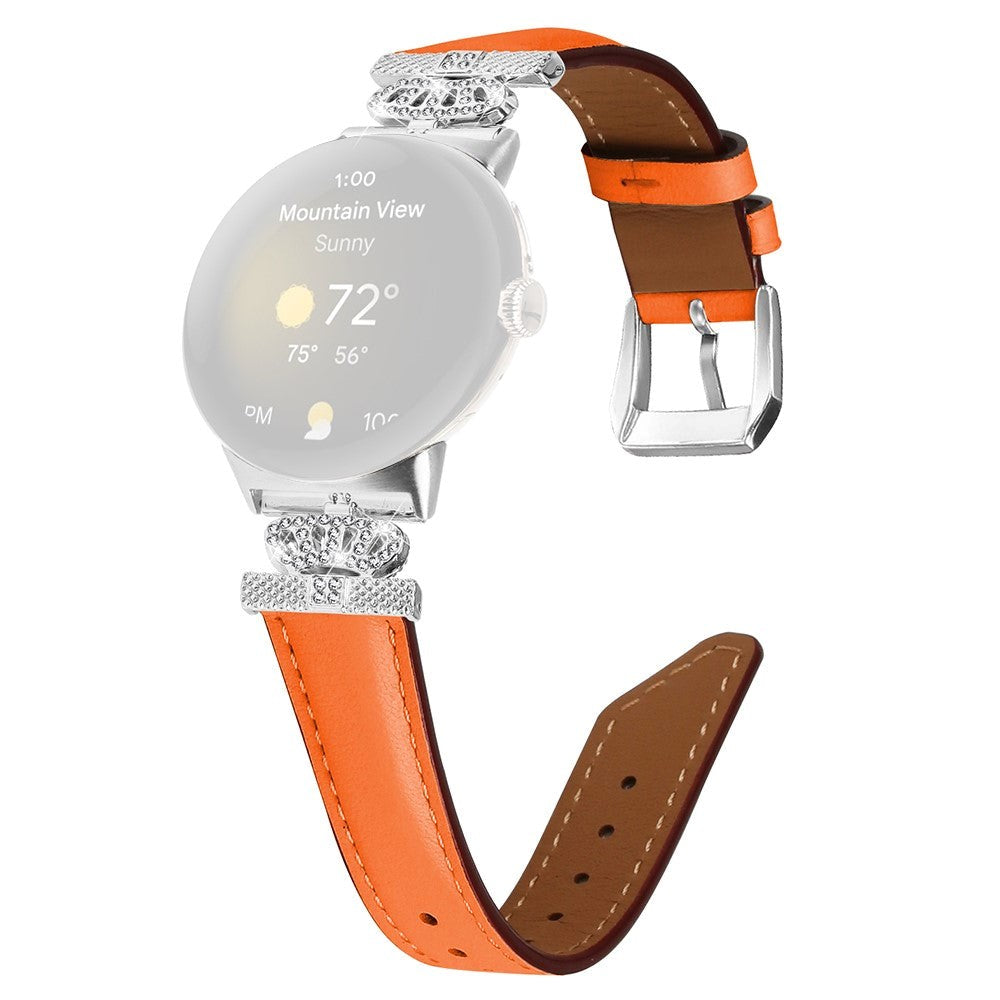 Google Pixel Watch 1 / 2 / 3 (41mm) Læder Rem m. Sølv Rhinsten Spænde - Orange