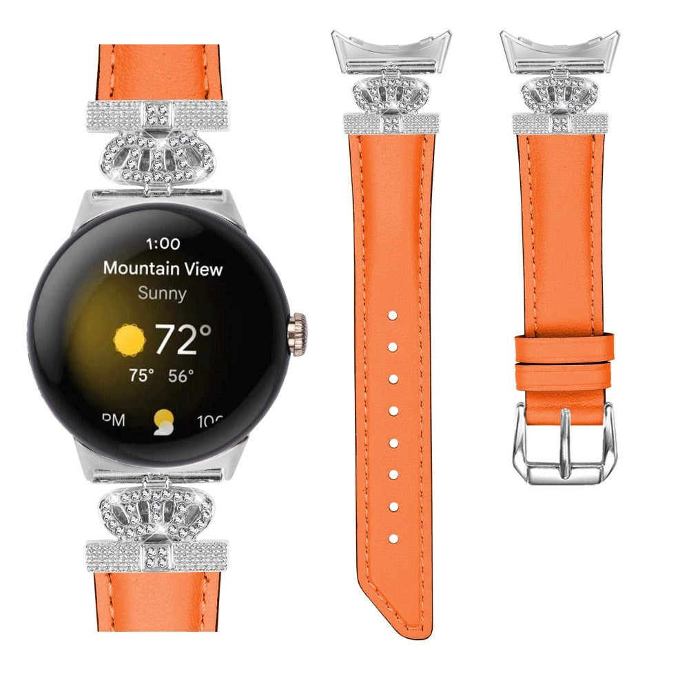 Google Pixel Watch 1 / 2 / 3 (41mm) Læder Rem m. Sølv Rhinsten Spænde - Orange
