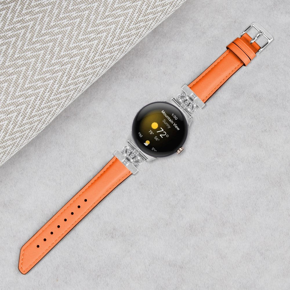 Google Pixel Watch 1 / 2 / 3 (41mm) Læder Rem m. Sølv Rhinsten Spænde - Orange