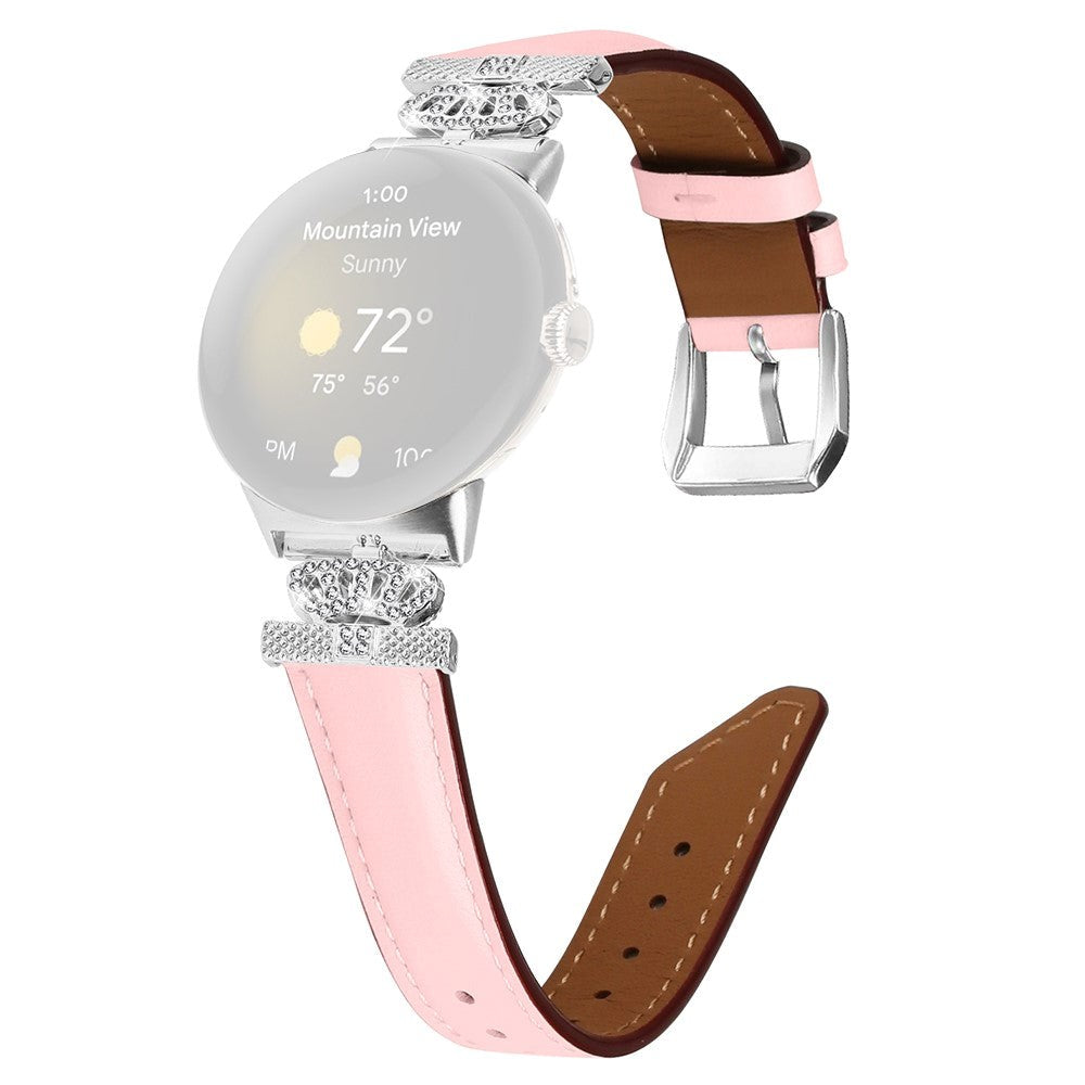 Google Pixel Watch 1 / 2 / 3 (41mm) Læder Rem m. Sølv Rhinsten Spænde - Lyserød