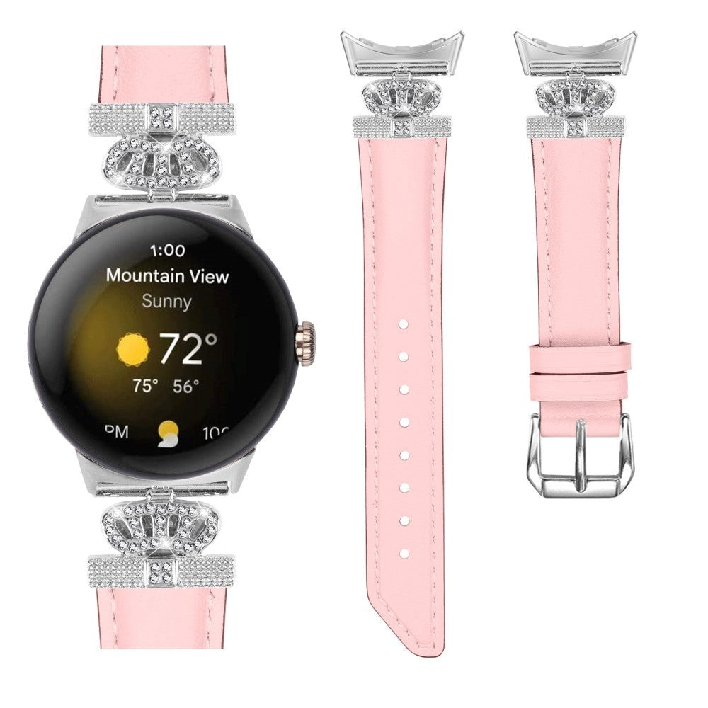 Google Pixel Watch 1 / 2 / 3 (41mm) Læder Rem m. Sølv Rhinsten Spænde - Lyserød