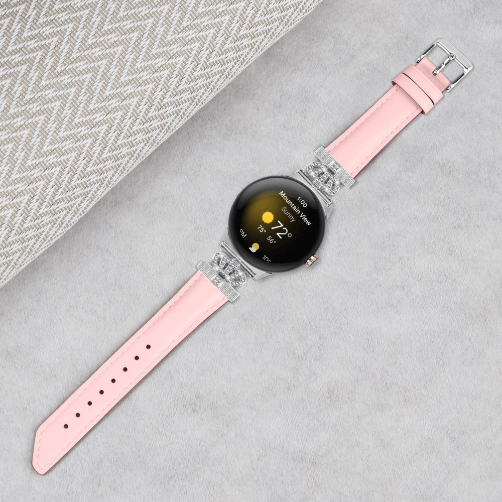 Google Pixel Watch 1 / 2 / 3 (41mm) Læder Rem m. Sølv Rhinsten Spænde - Lyserød