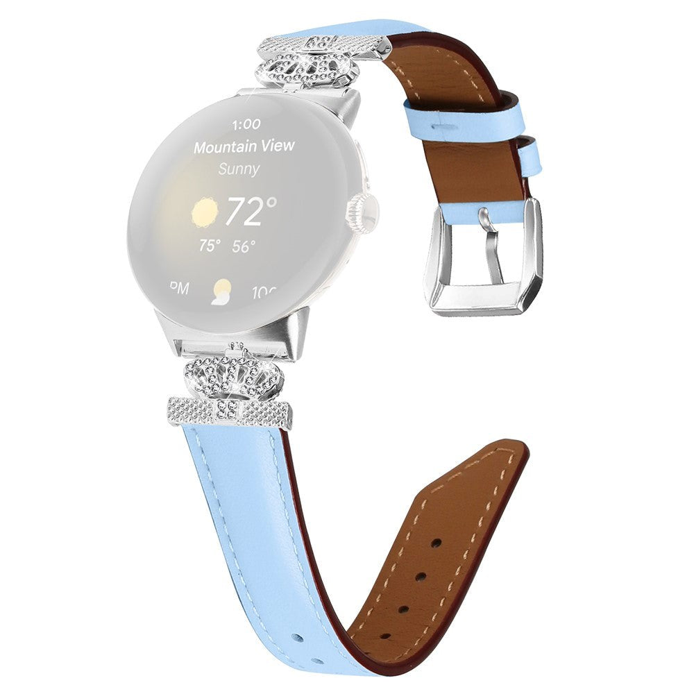 Google Pixel Watch 1 / 2 / 3 (41mm) Læder Rem m. Sølv Rhinsten Spænde - Blå