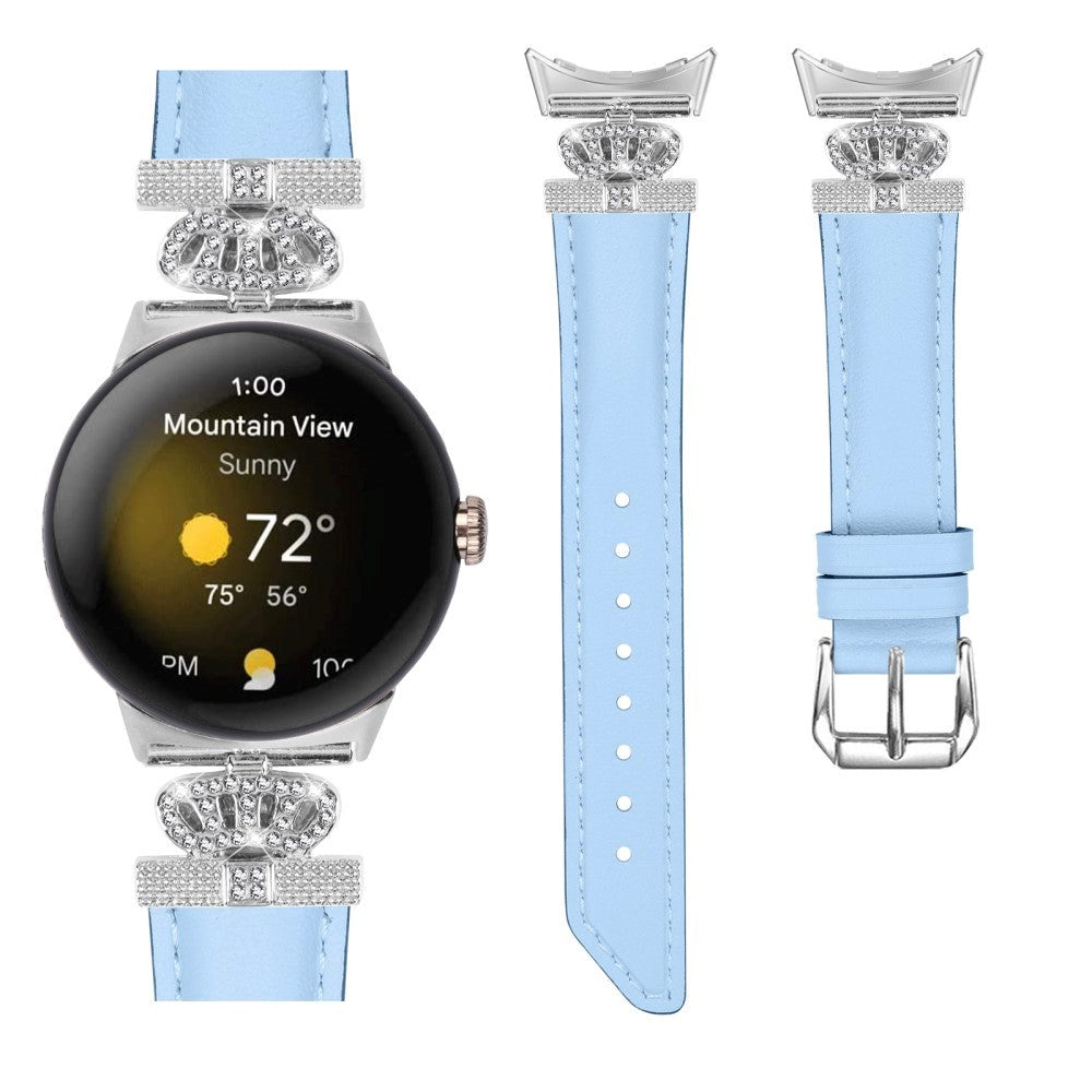 Google Pixel Watch 1 / 2 / 3 (41mm) Læder Rem m. Sølv Rhinsten Spænde - Blå