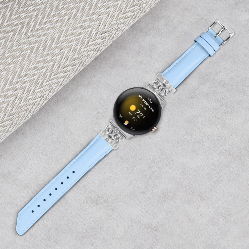 Google Pixel Watch 1 / 2 / 3 (41mm) Læder Rem m. Sølv Rhinsten Spænde - Blå