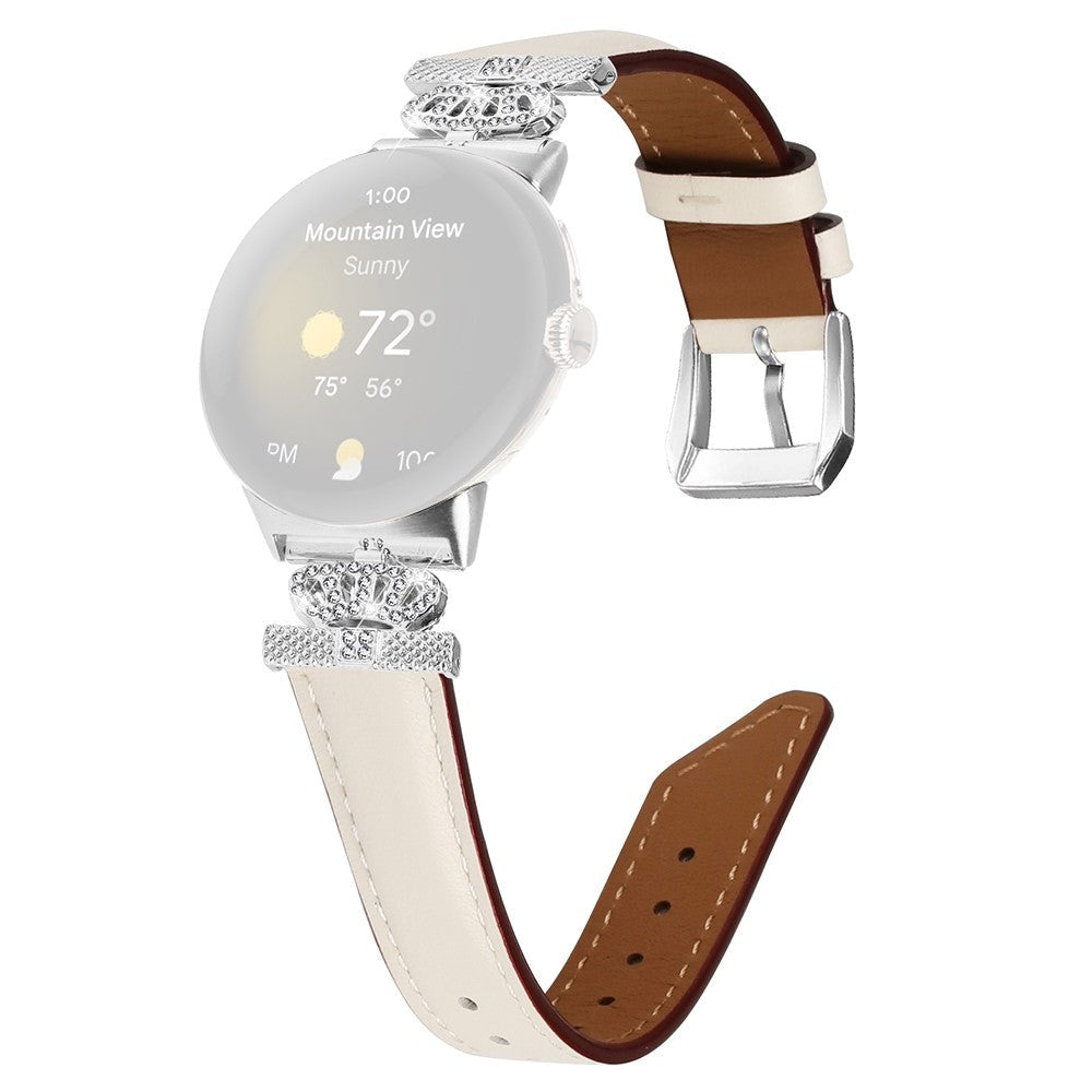 Google Pixel Watch 1 / 2 / 3 (41mm) Læder Rem m. Sølv Rhinsten Spænde - Beige