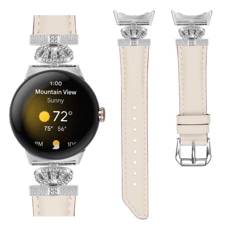 Google Pixel Watch 1 / 2 / 3 (41mm) Læder Rem m. Sølv Rhinsten Spænde - Beige