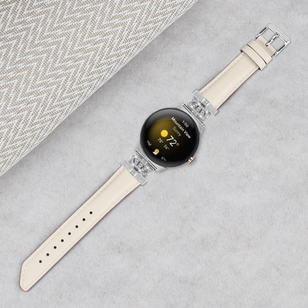 Google Pixel Watch 1 / 2 / 3 (41mm) Læder Rem m. Sølv Rhinsten Spænde - Beige