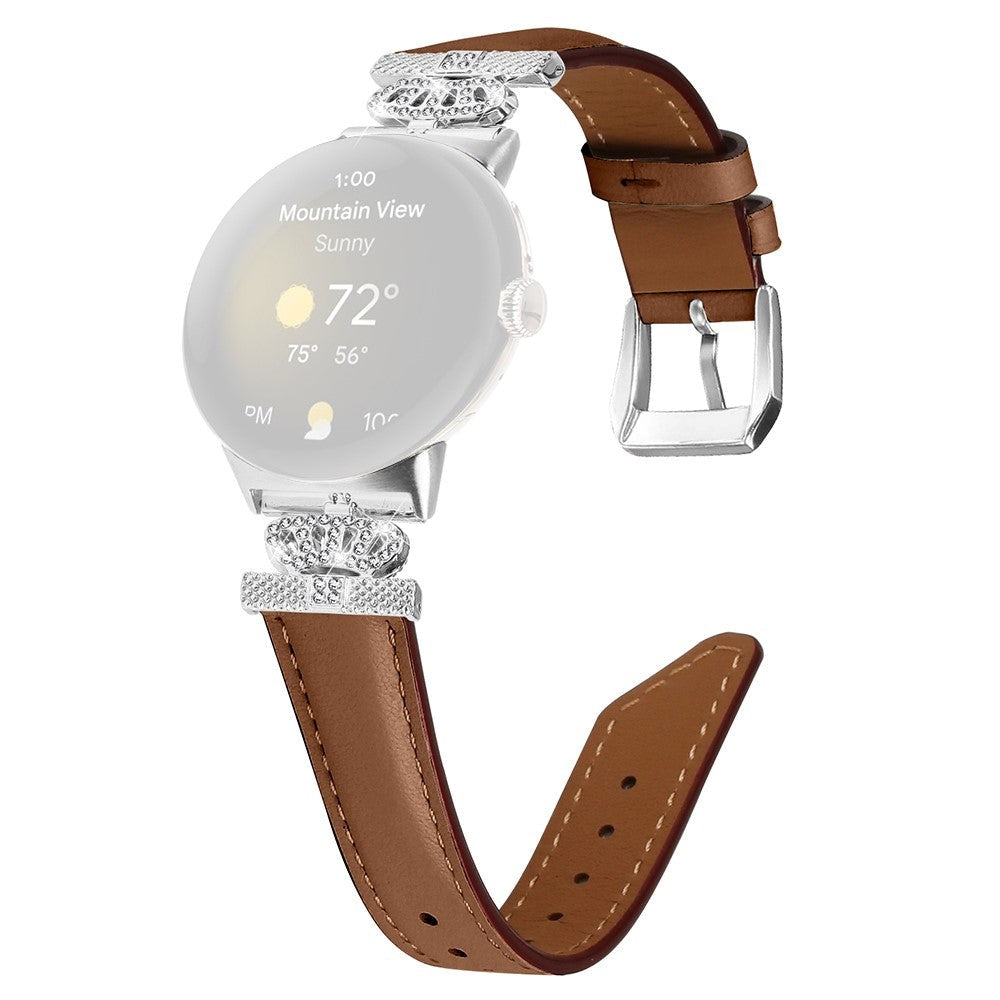Google Pixel Watch 1 / 2 / 3 (41mm) Læder Rem m. Sølv Rhinsten Spænde - Brun