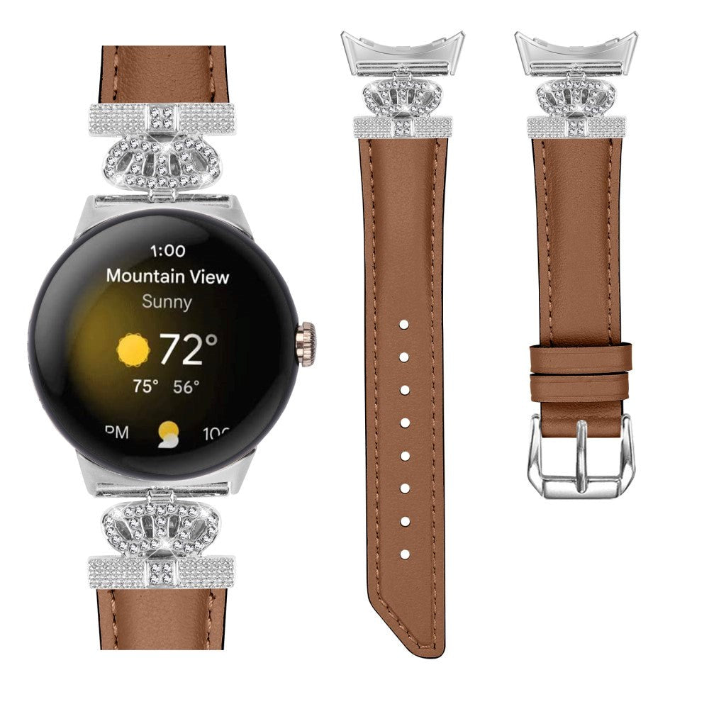 Google Pixel Watch 1 / 2 / 3 (41mm) Læder Rem m. Sølv Rhinsten Spænde - Brun