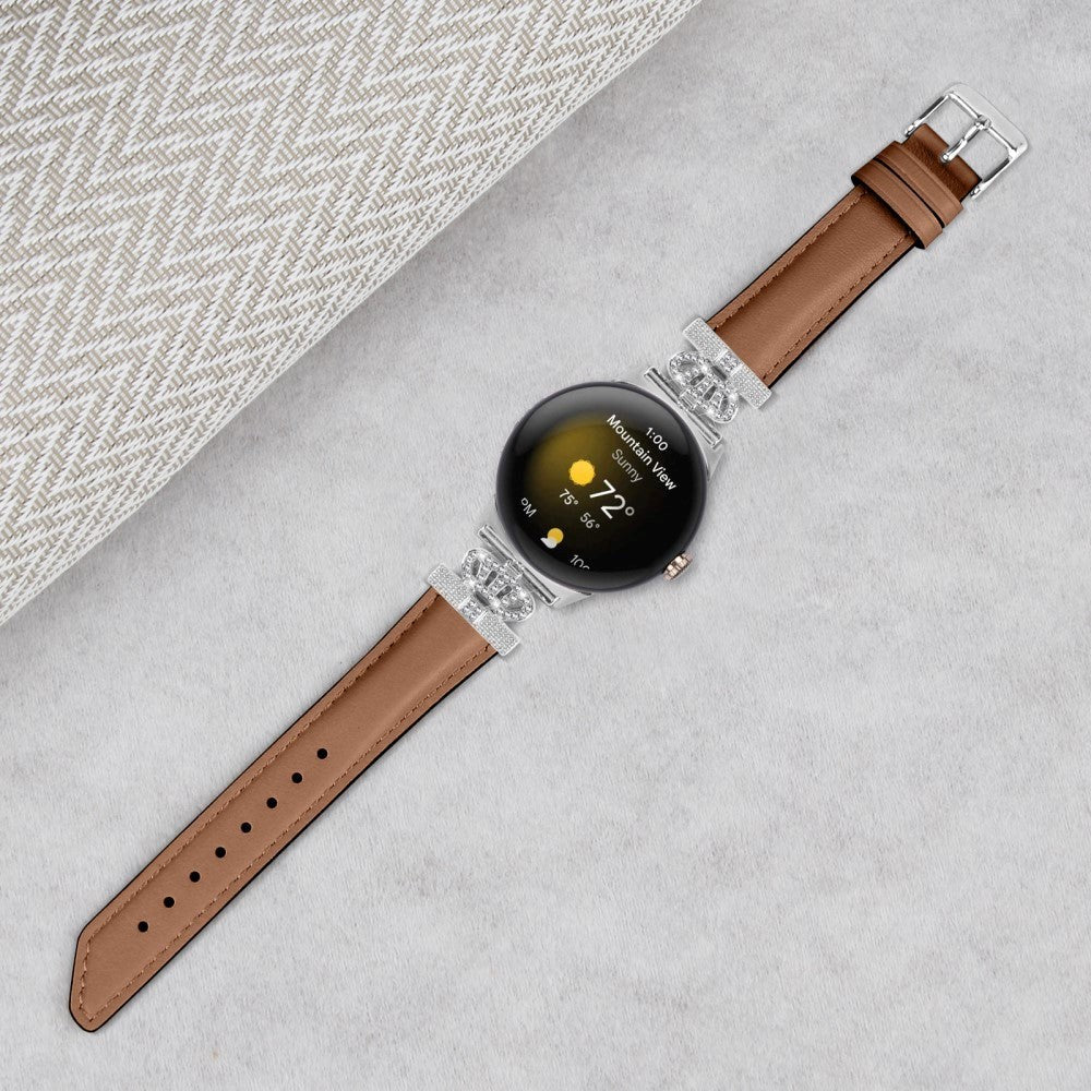 Google Pixel Watch 1 / 2 / 3 (41mm) Læder Rem m. Sølv Rhinsten Spænde - Brun