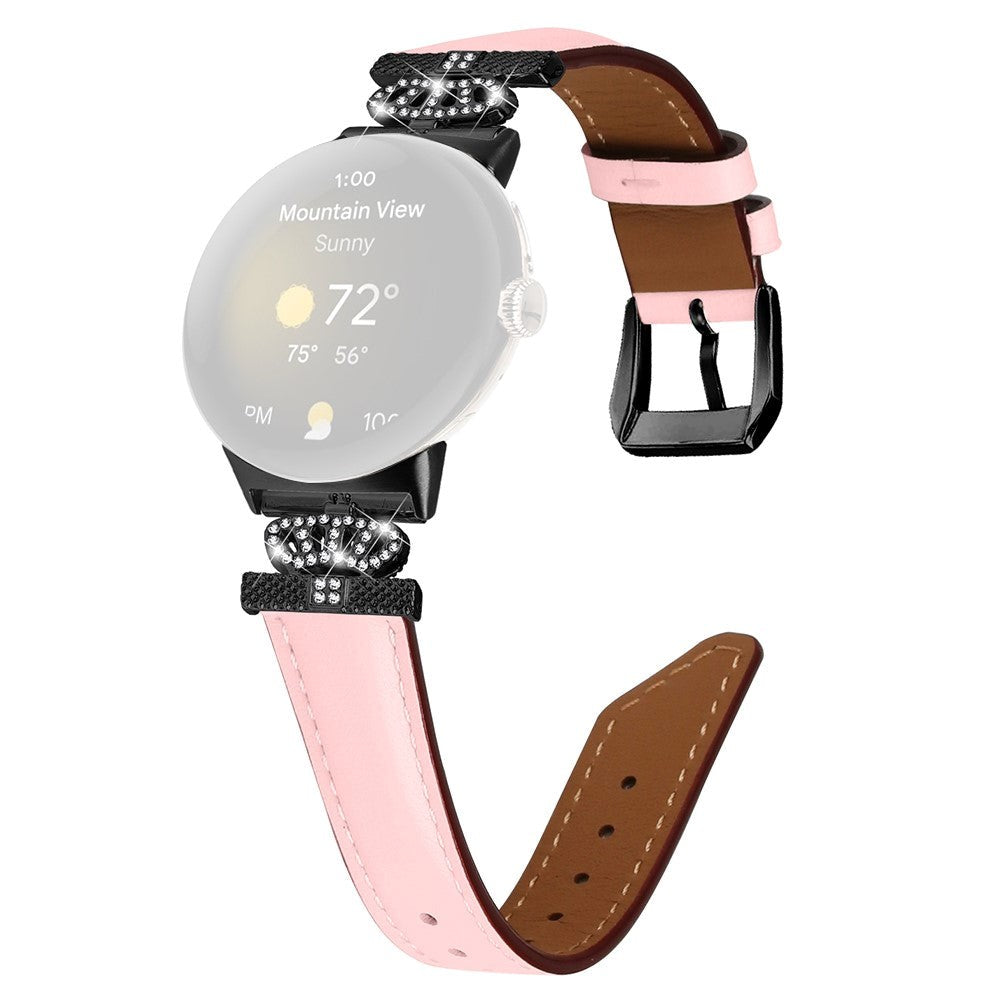 Google Pixel Watch 4 / 3 / 2 / 1 (41mm) Læder Rem m. Sort Rhinsten Spænde - Lyserød