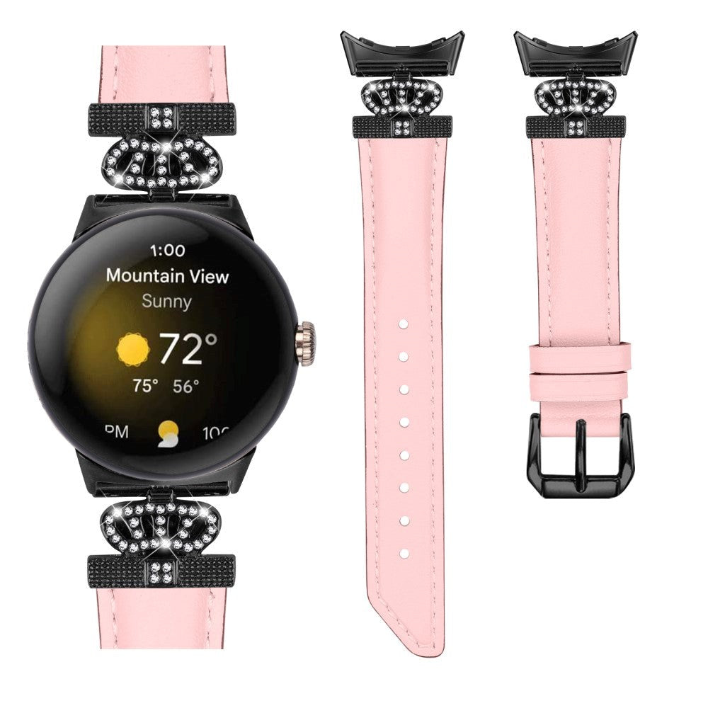 Google Pixel Watch 4 / 3 / 2 / 1 (41mm) Læder Rem m. Sort Rhinsten Spænde - Lyserød