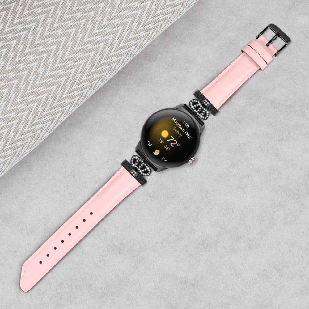 Google Pixel Watch 4 / 3 / 2 / 1 (41mm) Læder Rem m. Sort Rhinsten Spænde - Lyserød