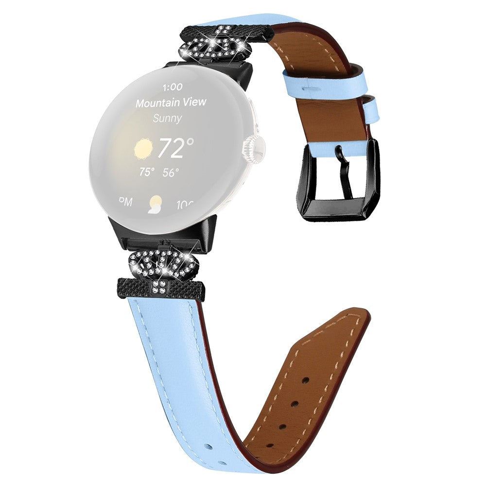 Google Pixel Watch 4 / 3 / 2 / 1 (41mm) Læder Rem m. Sort Rhinsten Spænde - Blå