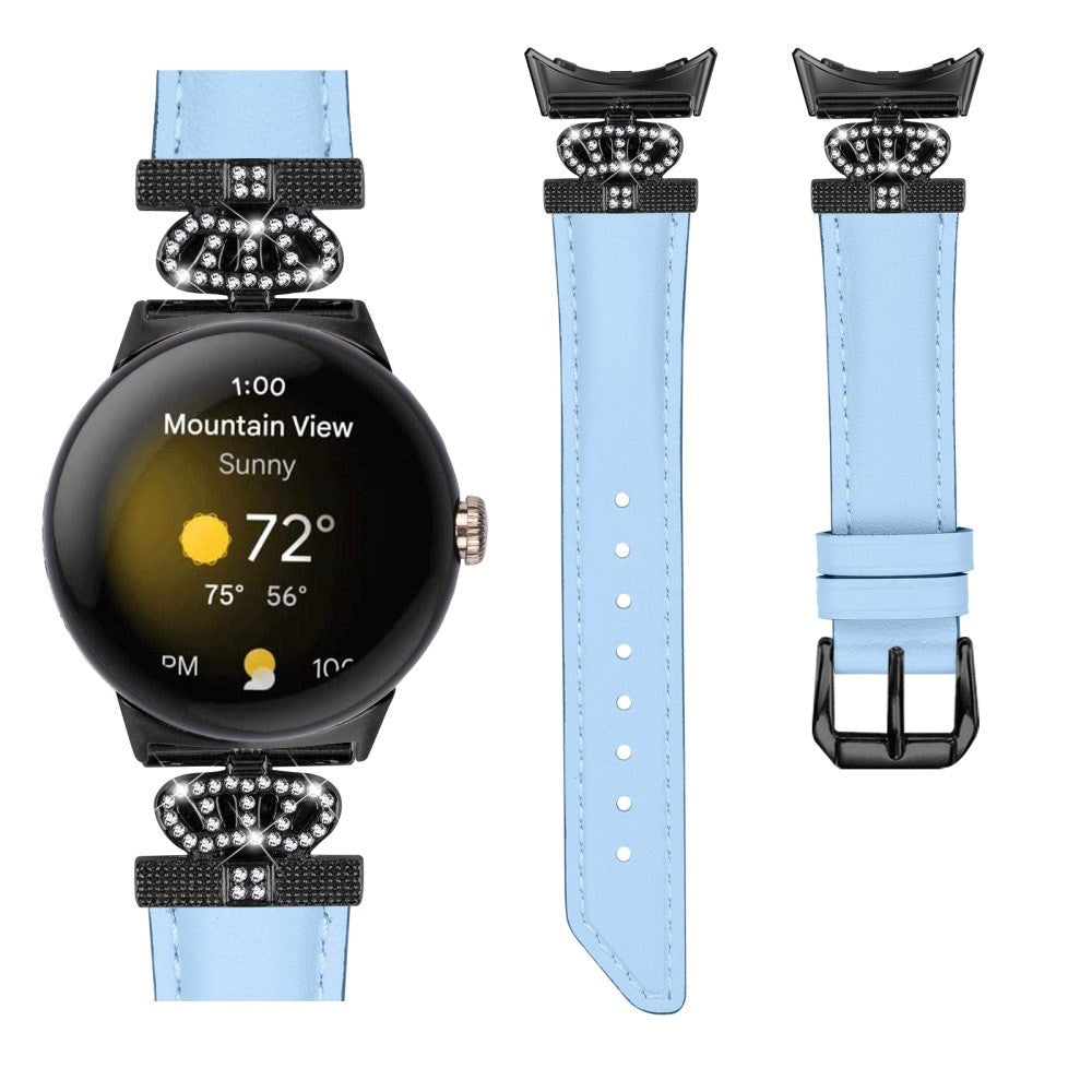 Google Pixel Watch 4 / 3 / 2 / 1 (41mm) Læder Rem m. Sort Rhinsten Spænde - Blå