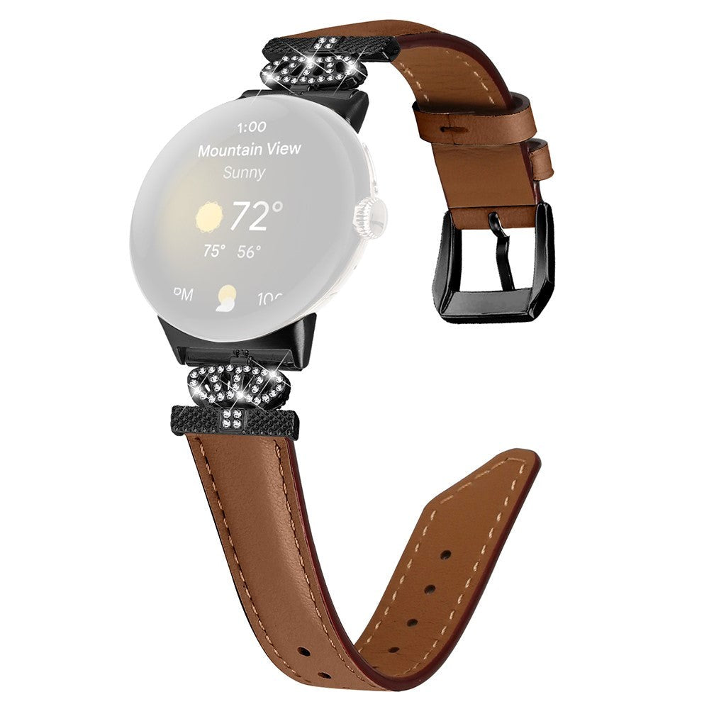 Google Pixel Watch 4 / 3 / 2 / 1 (41mm) Læder Rem m. Sort Rhinsten Spænde - Brun