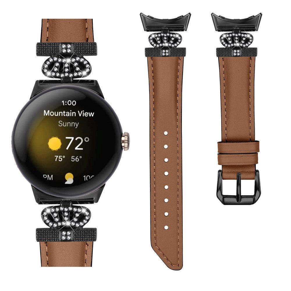 Google Pixel Watch 4 / 3 / 2 / 1 (41mm) Læder Rem m. Sort Rhinsten Spænde - Brun
